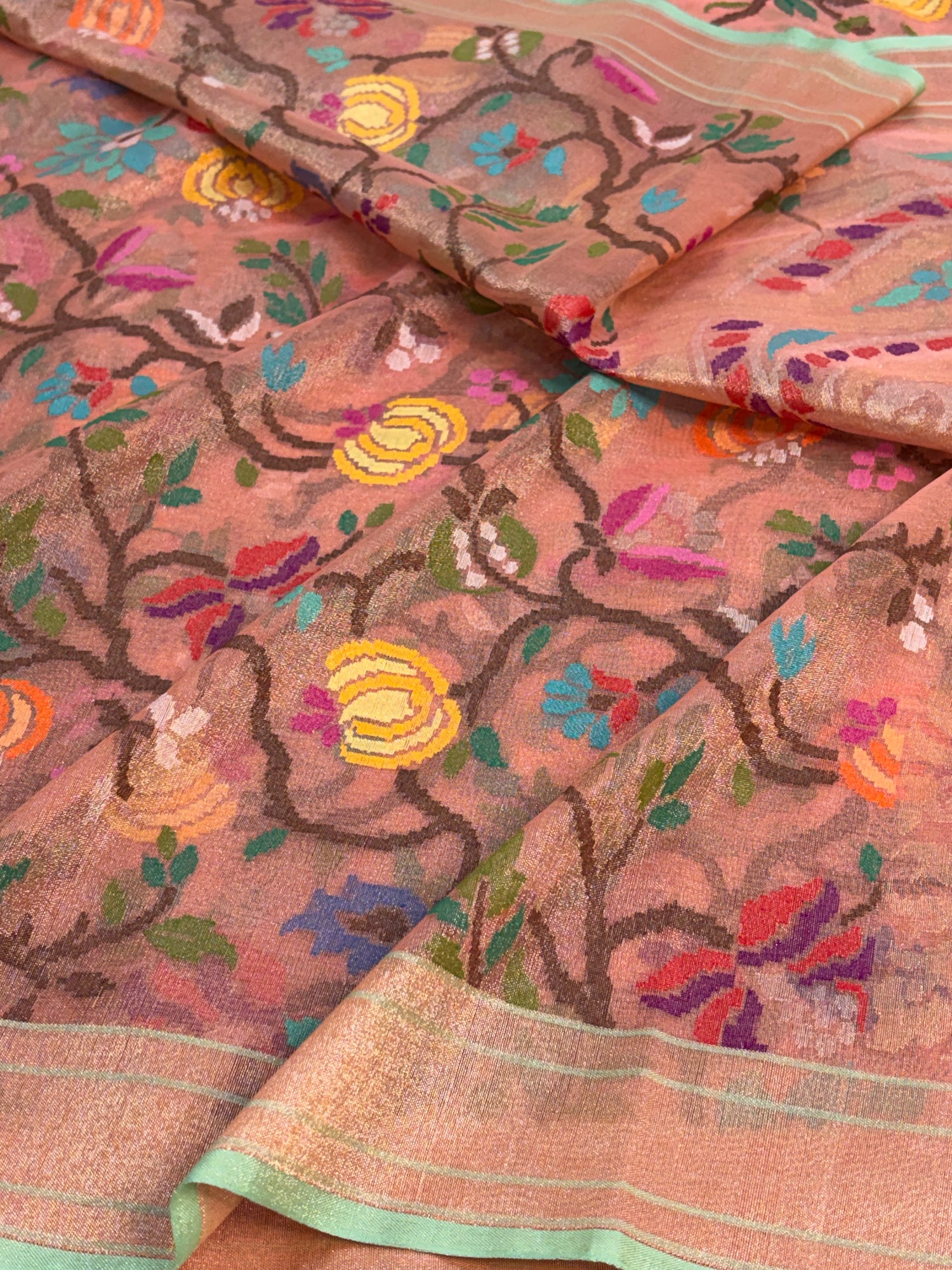 Peach Handwoven Real Zari Exclusive Tissue Jamdani Saree