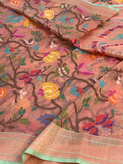 Peach Handwoven Real Zari Exclusive Tissue Jamdani Saree