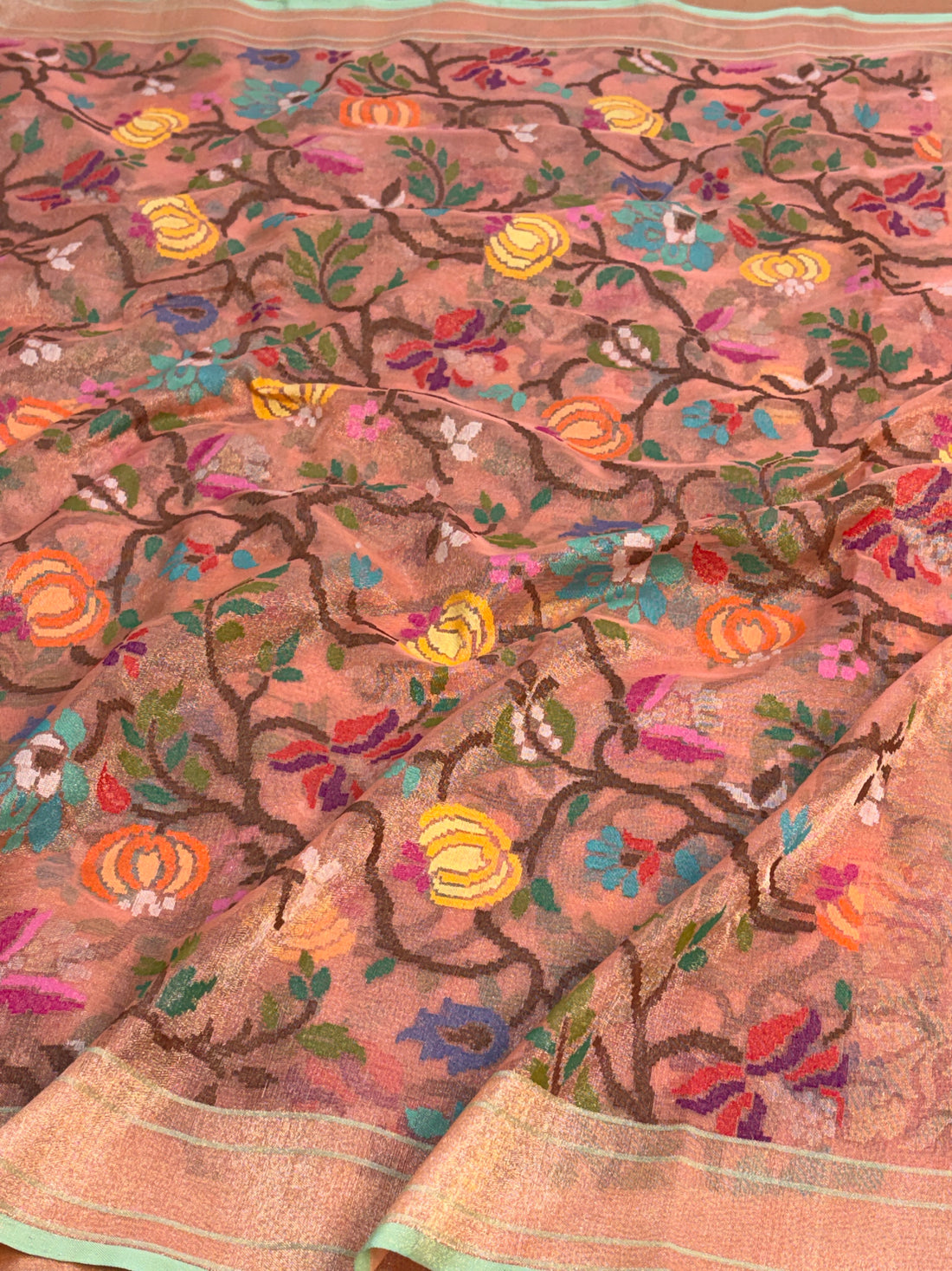 Peach Handwoven Real Zari Exclusive Tissue Jamdani Saree