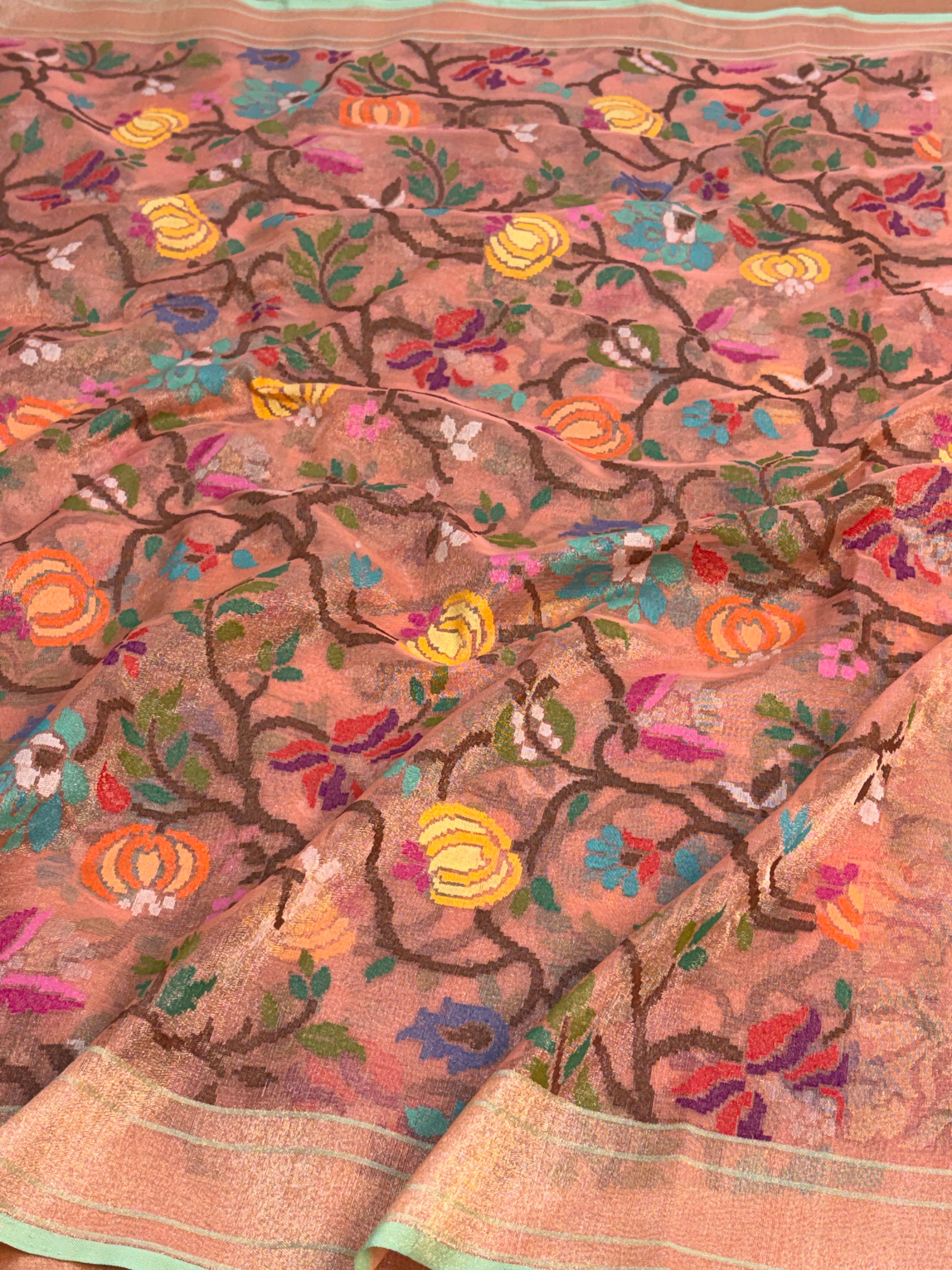 Peach Handwoven Real Zari Exclusive Tissue Jamdani Saree