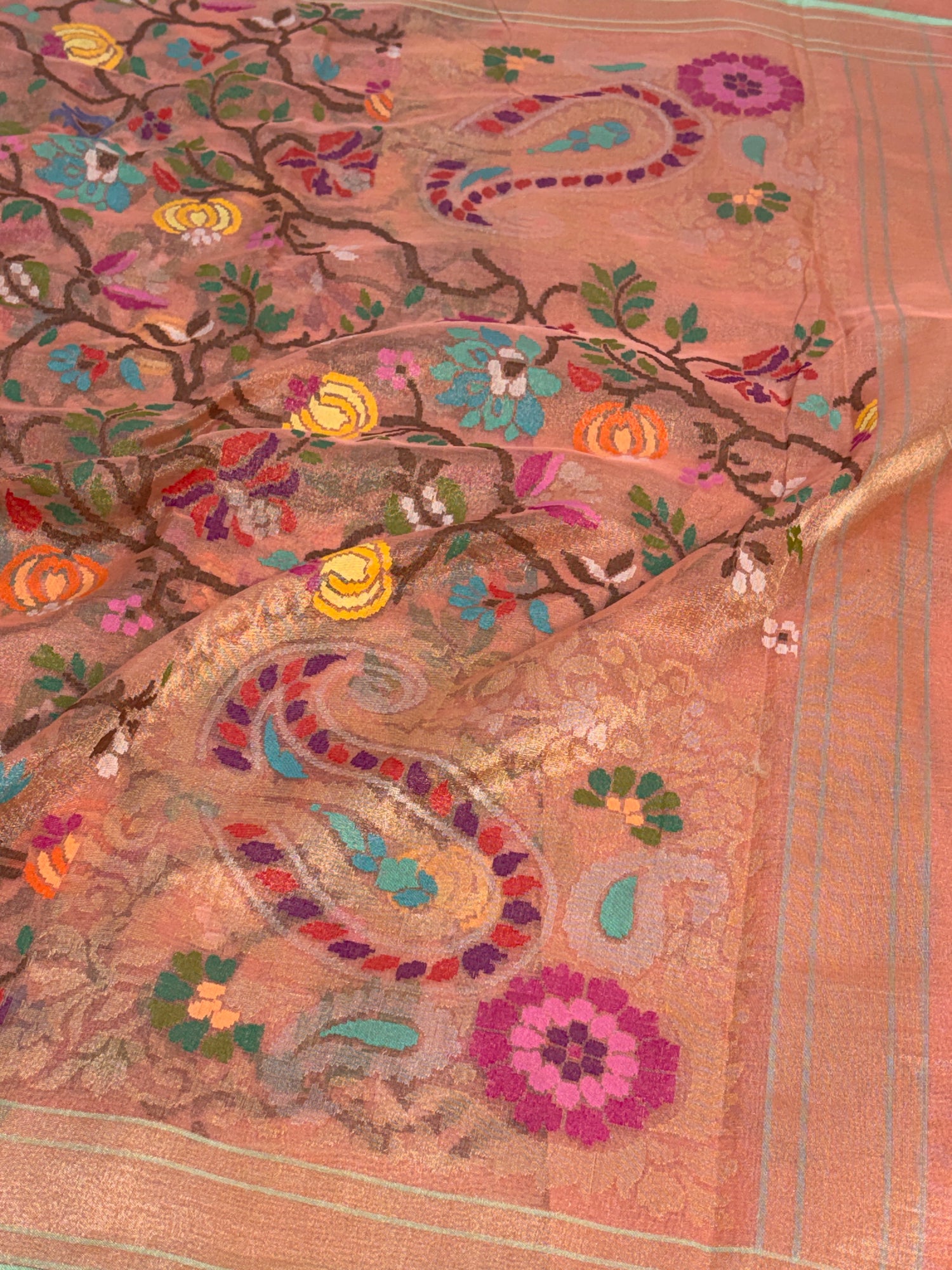 Peach Handwoven Real Zari Exclusive Tissue Jamdani Saree