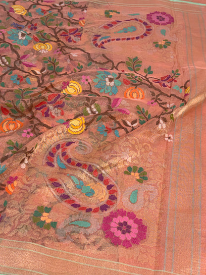 Peach Handwoven Real Zari Exclusive Tissue Jamdani Saree