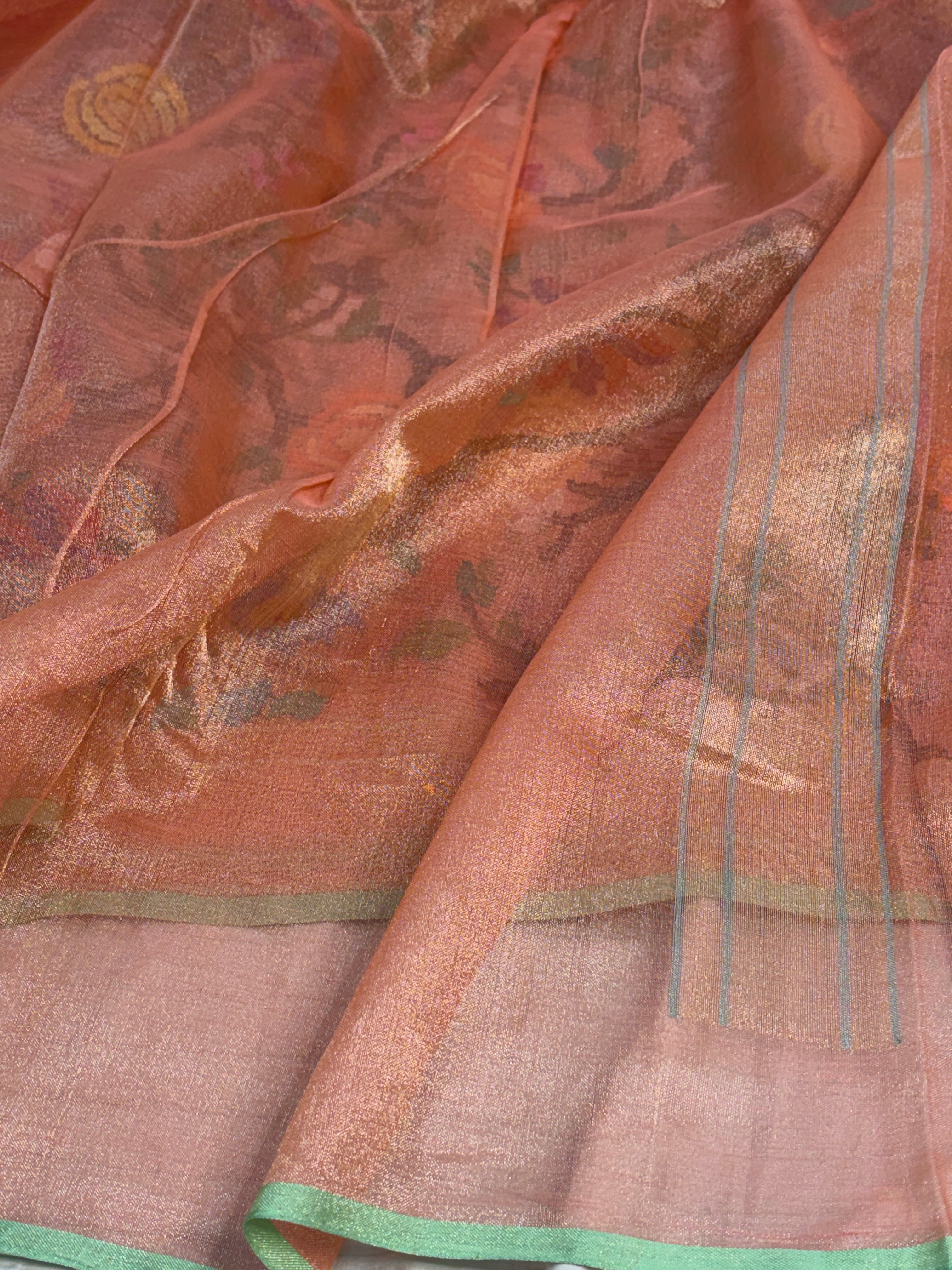 Peach Handwoven Real Zari Exclusive Tissue Jamdani Saree