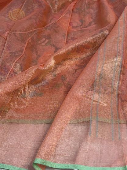 Peach Handwoven Real Zari Exclusive Tissue Jamdani Saree