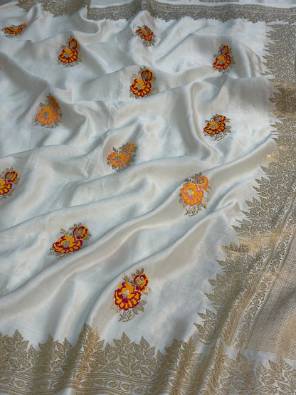 White Handwoven Pure Mashru Banarasi Satin Silk Saree