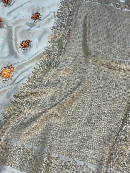 White Handwoven Pure Mashru Banarasi Satin Silk Saree