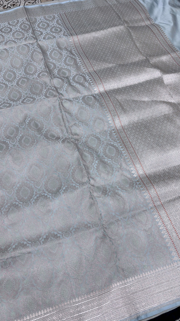 Ivory Pure Satin Silk Jamawar Handwoven Banarasi Saree