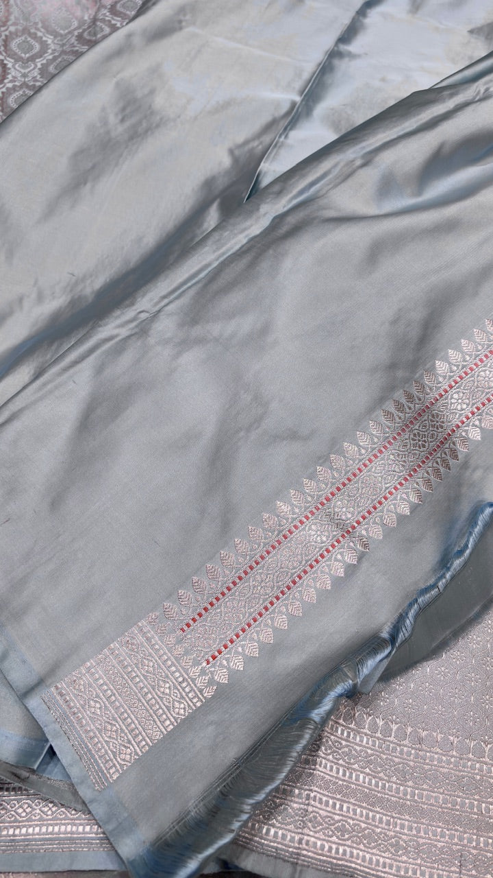 Ivory Pure Satin Silk Jamawar Handwoven Banarasi Saree