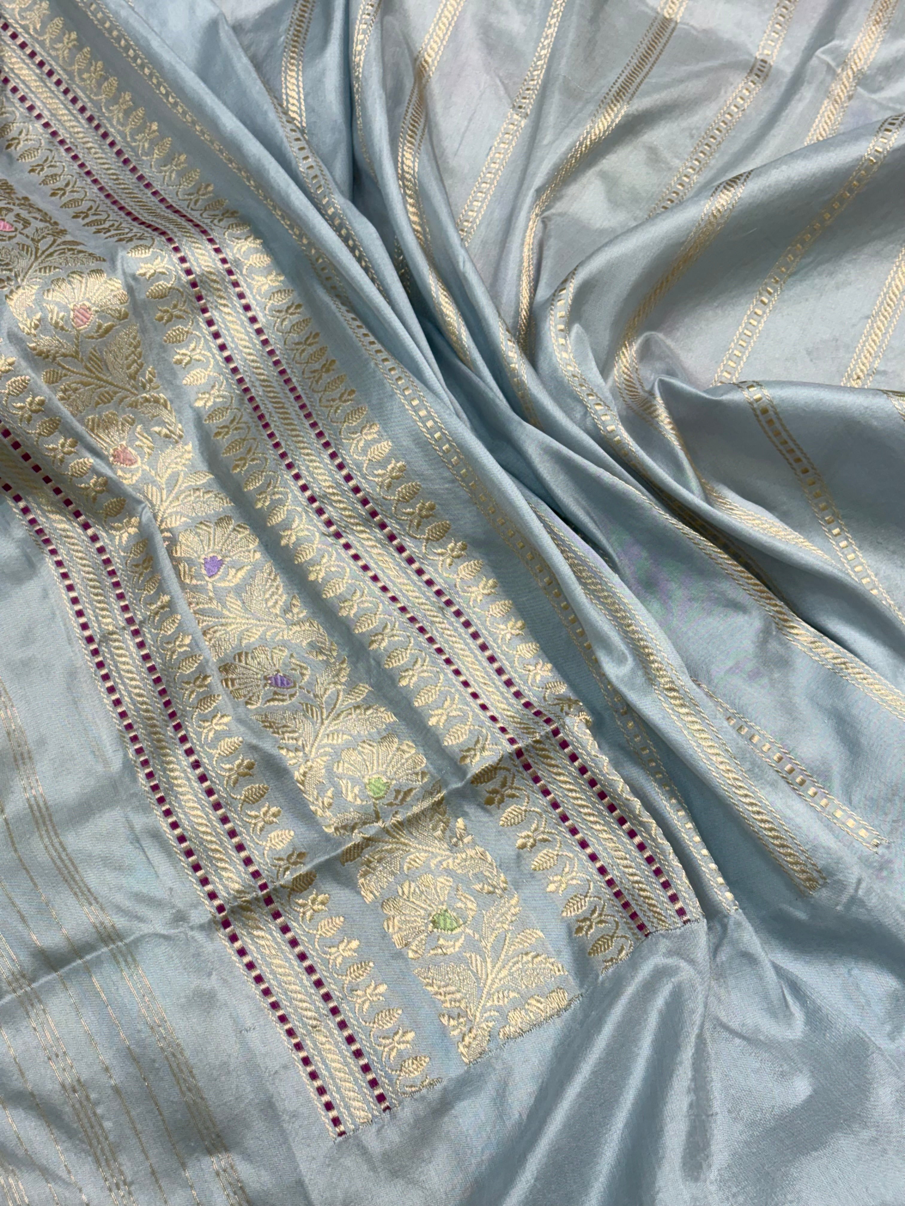 Powder Blue Pure Banarasi Rankaat Handwoven Saree