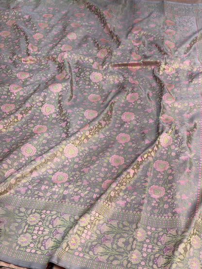Swags Gray Handwoven Pure Banarasi Satin Tanchoi Silk Saree