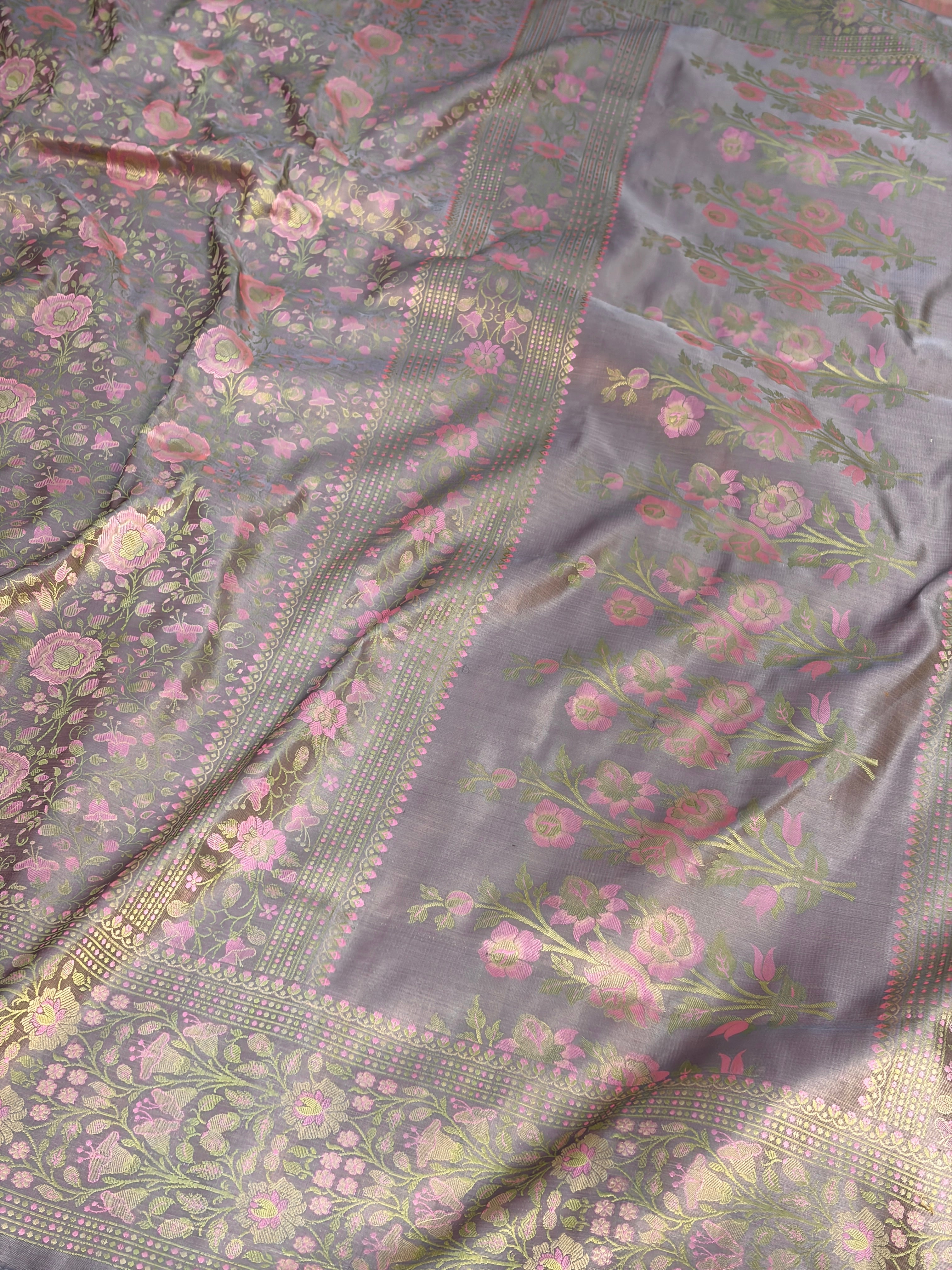 Swags Gray Handwoven Pure Banarasi Satin Tanchoi Silk Saree