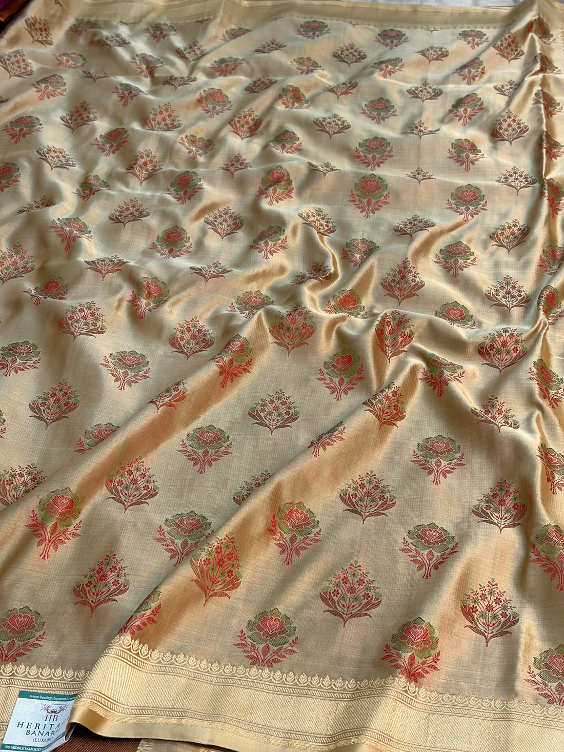 Champagne Ivory Handwoven Pure Banarasi Satin Tanchoi Silk Saree