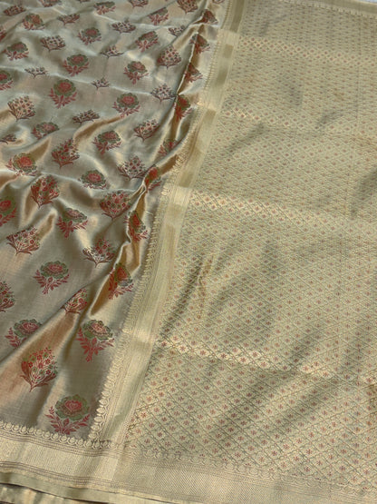 Champagne Ivory Handwoven Pure Banarasi Satin Tanchoi Silk Saree