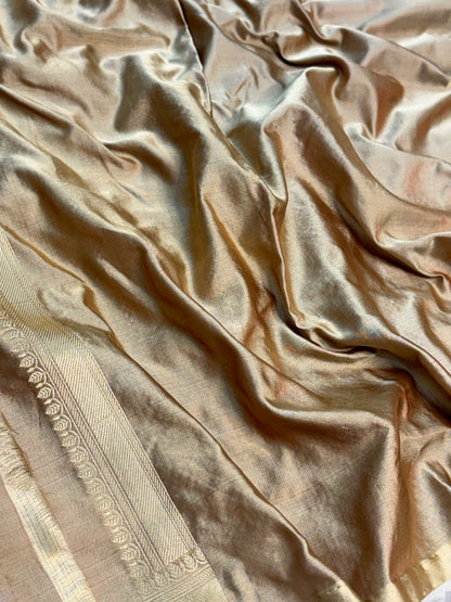 Champagne Ivory Handwoven Pure Banarasi Satin Tanchoi Silk Saree