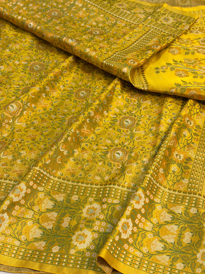 Yellow Handwoven Pure Banarasi Satin Tanchoi Silk Saree
