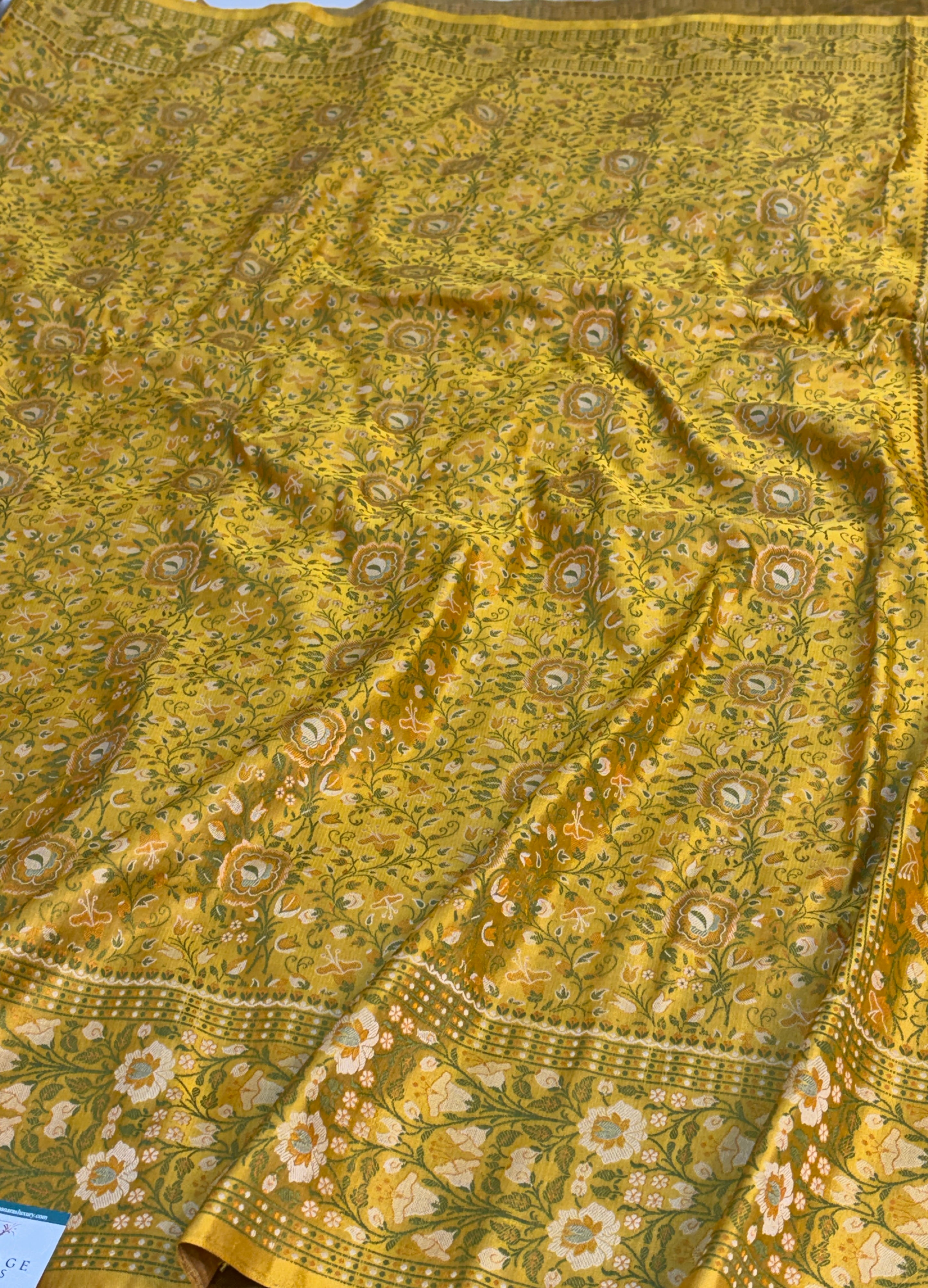 Yellow Handwoven Pure Banarasi Satin Tanchoi Silk Saree