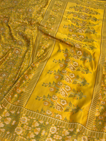 Yellow Handwoven Pure Banarasi Satin Tanchoi Silk Saree