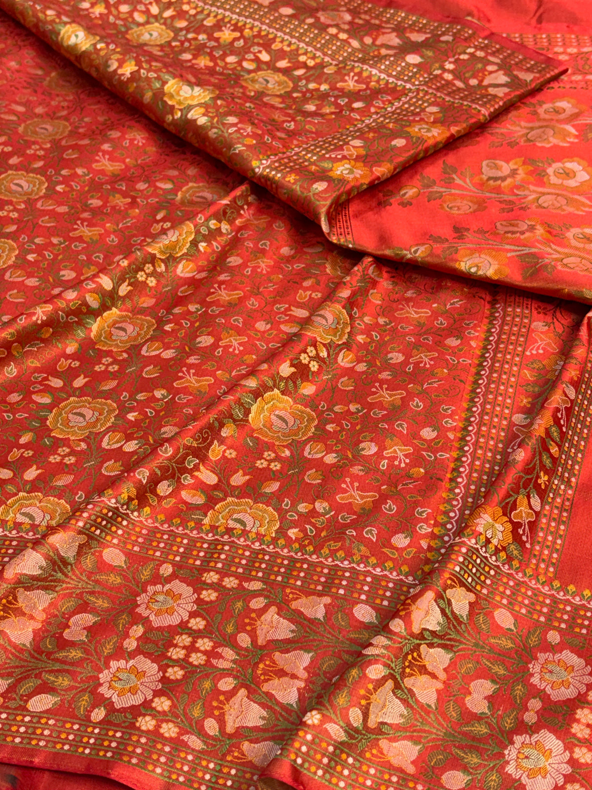 Orange Handwoven Pure Banarasi Satin Tanchoi Silk Saree