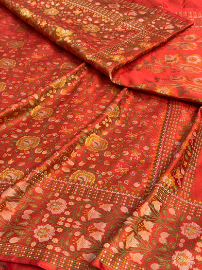 Orange Handwoven Pure Banarasi Satin Tanchoi Silk Saree