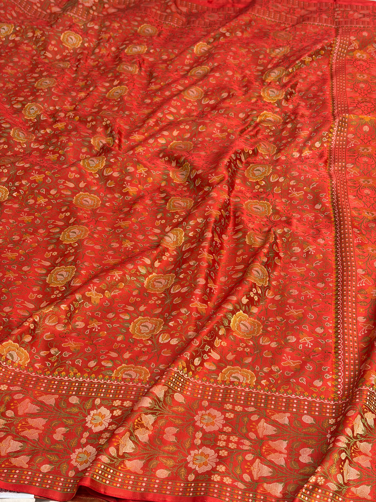 Orange Handwoven Pure Banarasi Satin Tanchoi Silk Saree