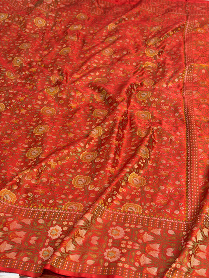 Orange Handwoven Pure Banarasi Satin Tanchoi Silk Saree