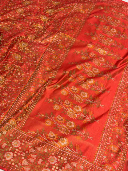 Orange Handwoven Pure Banarasi Satin Tanchoi Silk Saree