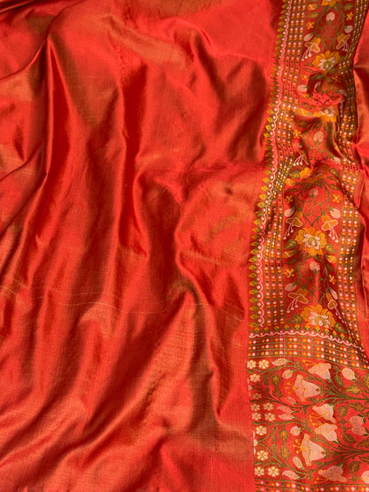 Orange Handwoven Pure Banarasi Satin Tanchoi Silk Saree