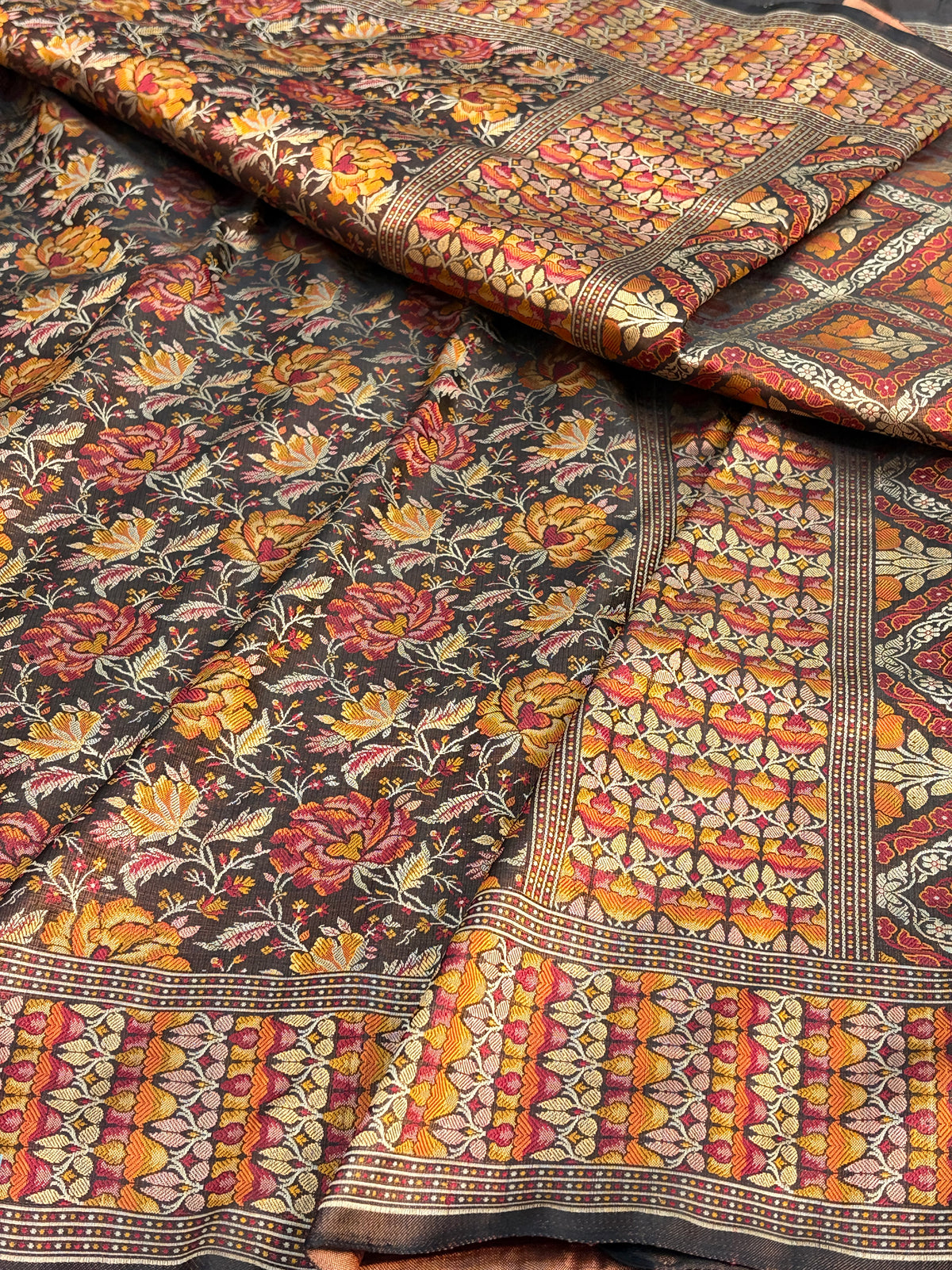 Brown Handwoven Pure Banarasi Satin Tanchoi Silk Saree