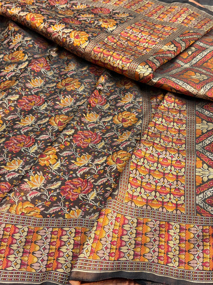 Brown Handwoven Pure Banarasi Satin Tanchoi Silk Saree