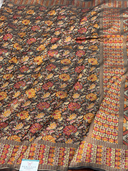 Brown Handwoven Pure Banarasi Satin Tanchoi Silk Saree