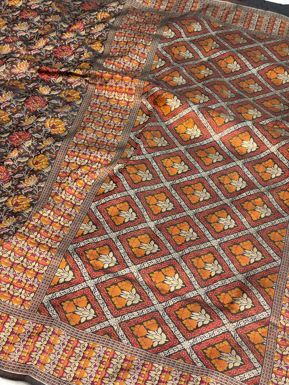 Brown Handwoven Pure Banarasi Satin Tanchoi Silk Saree