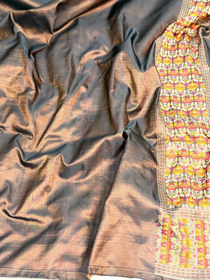 Brown Handwoven Pure Banarasi Satin Tanchoi Silk Saree