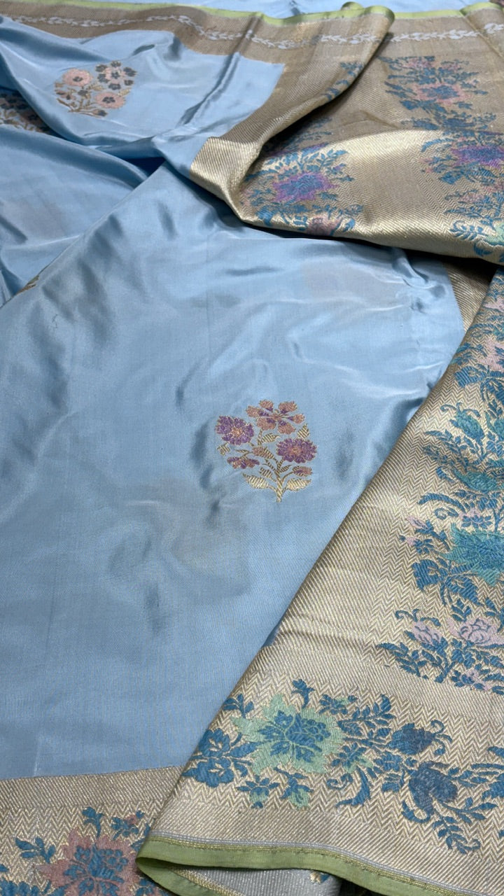 Powder Blue Pure Banarasi Katan Silk Handwoven Saree