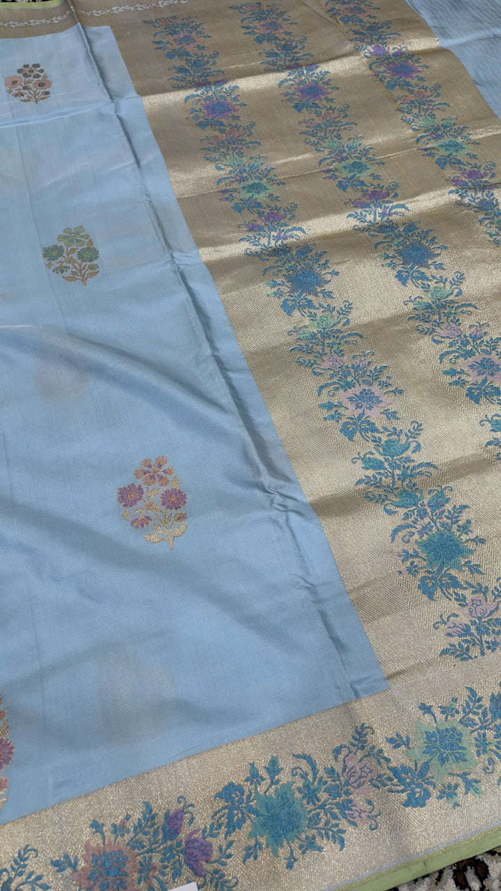 Powder Blue Pure Banarasi Katan Silk Handwoven Saree