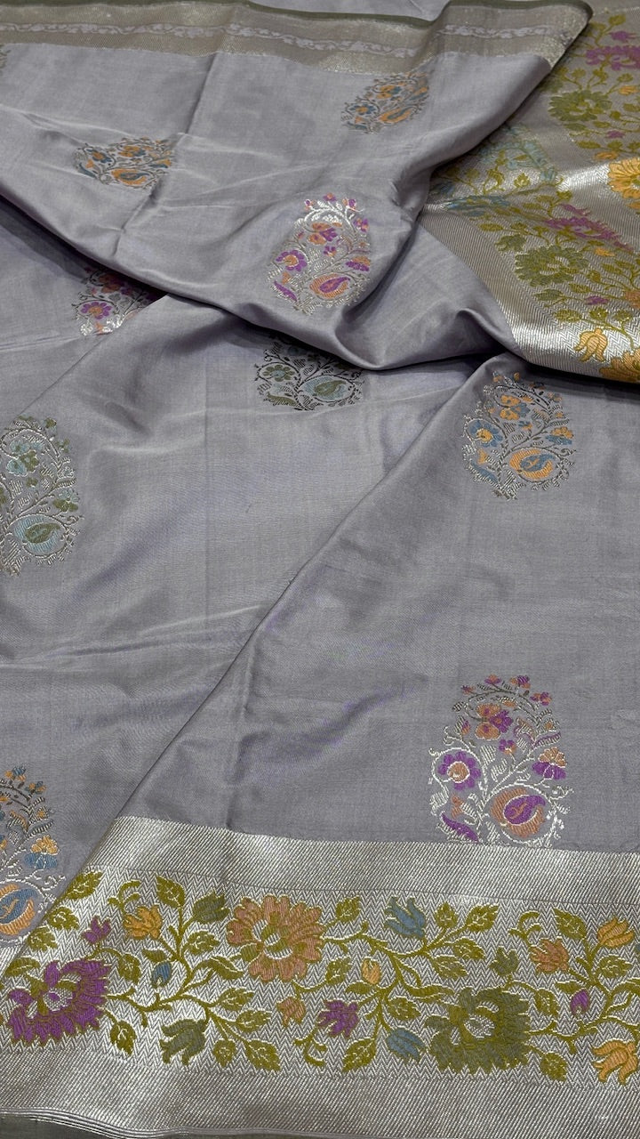 Steel Grey Pure Banarasi Katan Silk Handwoven Saree