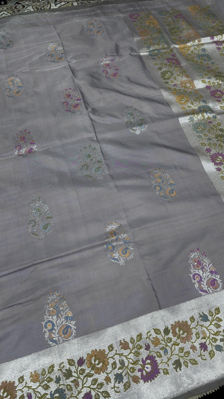 Steel Grey Pure Banarasi Katan Silk Handwoven Saree