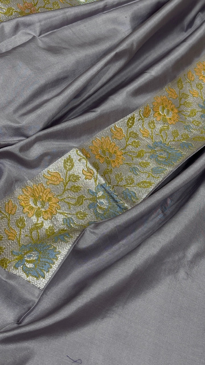 Steel Grey Pure Banarasi Katan Silk Handwoven Saree