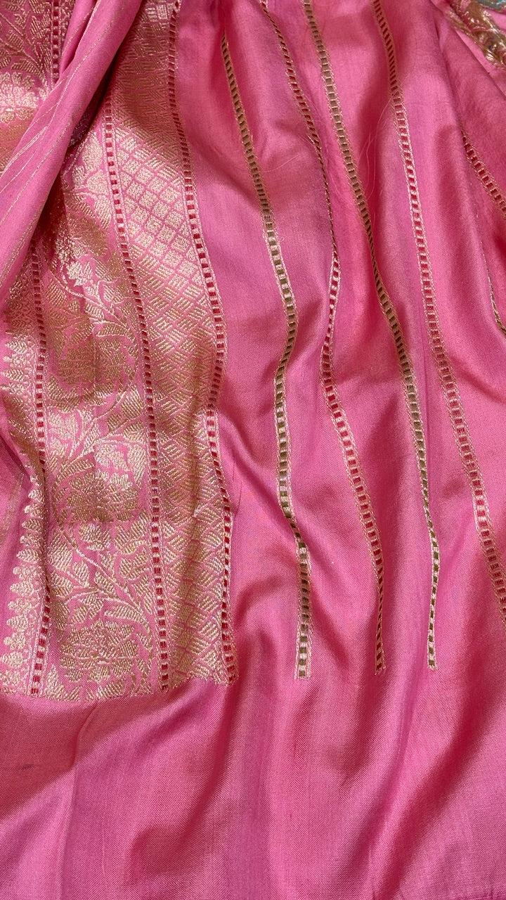 Candy Pink Pure Banarasi Ektara  Silk Handwoven Saree
