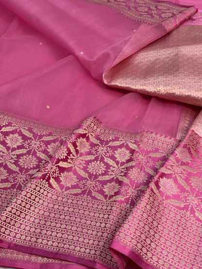 Baby Pink Handwoven Pure Banarasi Kora Silk Saree with Satin Border