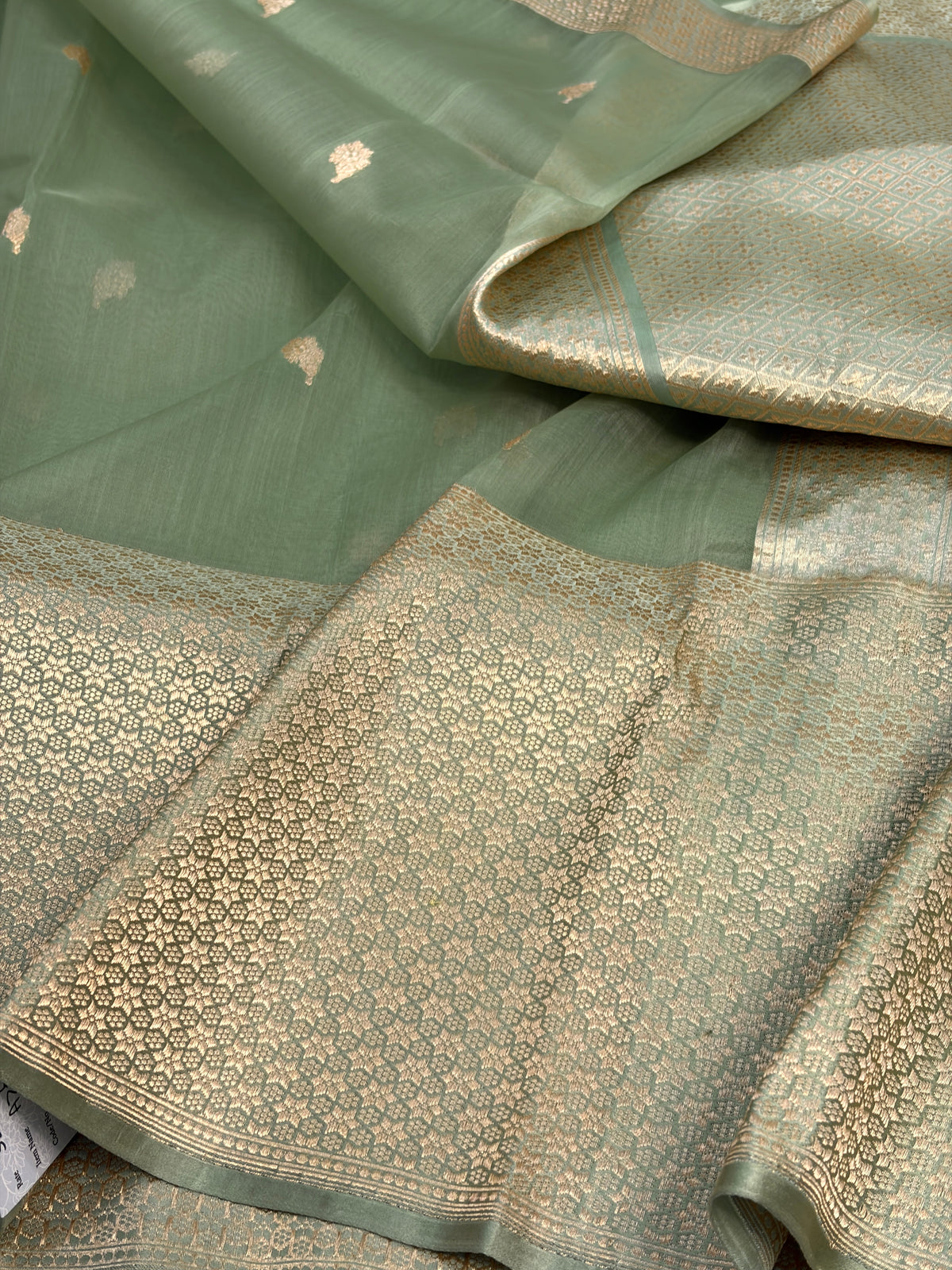 Sea Green Handwoven Pure Banarasi Kora Silk Saree with Satin Border