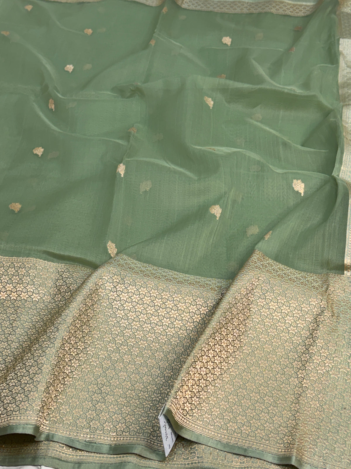 Sea Green Handwoven Pure Banarasi Kora Silk Saree with Satin Border