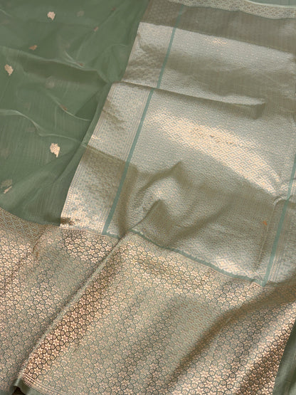 Sea Green Handwoven Pure Banarasi Kora Silk Saree with Satin Border
