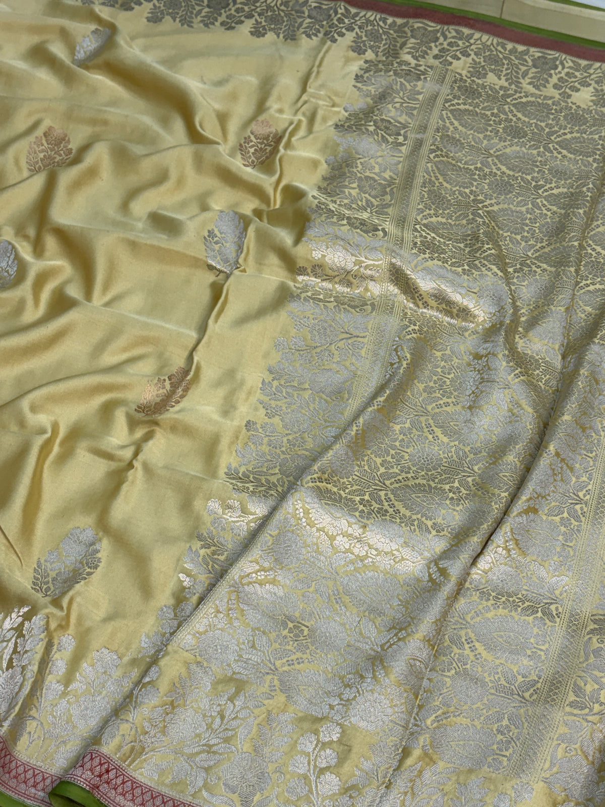 Lemon Yellow Handwoven Pure Mashru Banarasi Satin Silk Saree