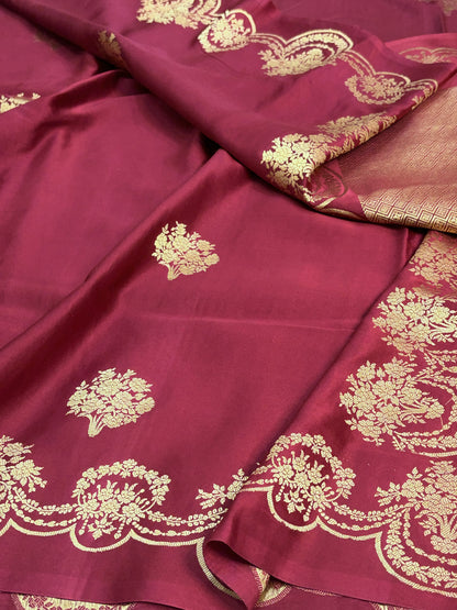 Maroon Handwoven Pure Mashru Banarasi Satin Silk Saree
