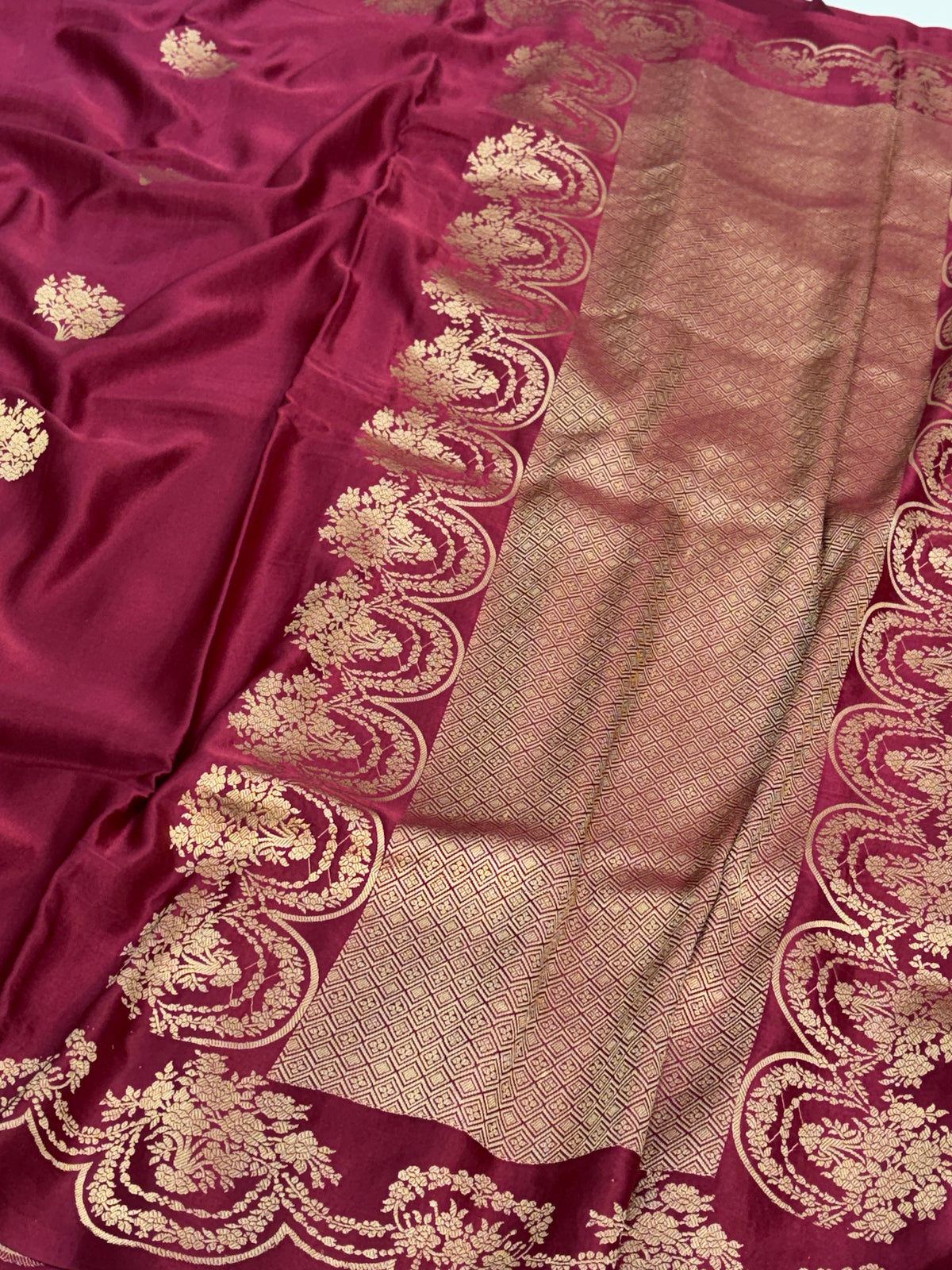 Maroon Handwoven Pure Mashru Banarasi Satin Silk Saree