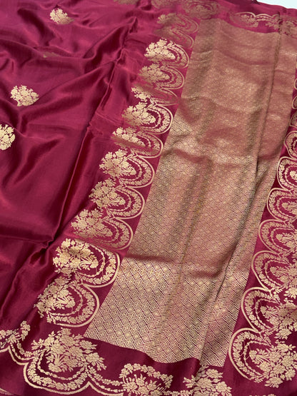 Maroon Handwoven Pure Mashru Banarasi Satin Silk Saree