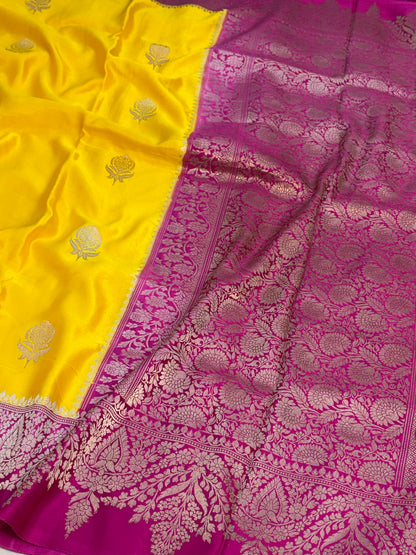 Yellow Handwoven Pure Mashru Banarasi Satin Silk Saree