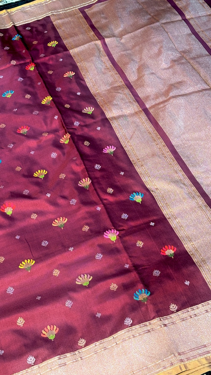 Wine Pure Banarasi Ektara  Silk Handwoven Saree