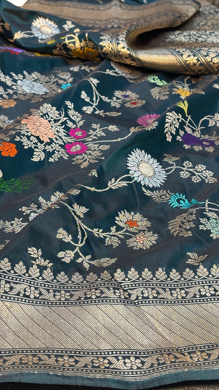 Deep Teal Green Pure Banarasi Katan Silk Handwoven Saree