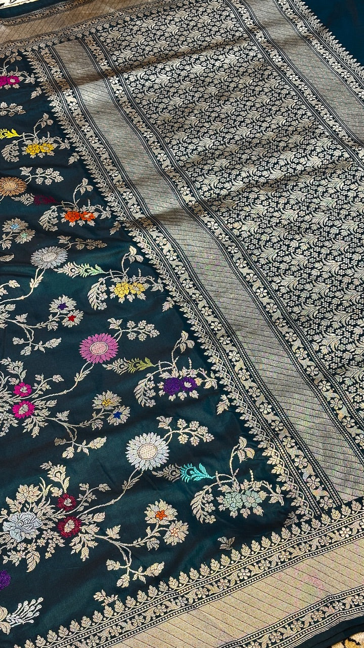 Deep Teal Green Pure Banarasi Katan Silk Handwoven Saree